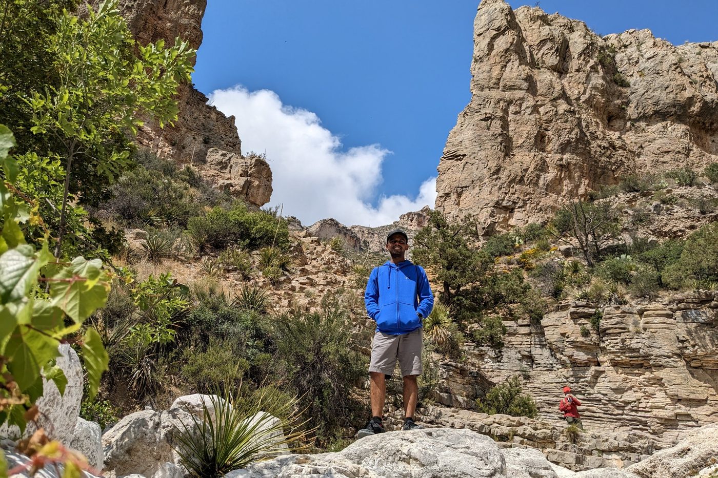 Vamshi Karanam standing on pale limestone boulders in a canyon, below tall layered limestone cliffs, with sotol and shrubs around him and a blue sky above.